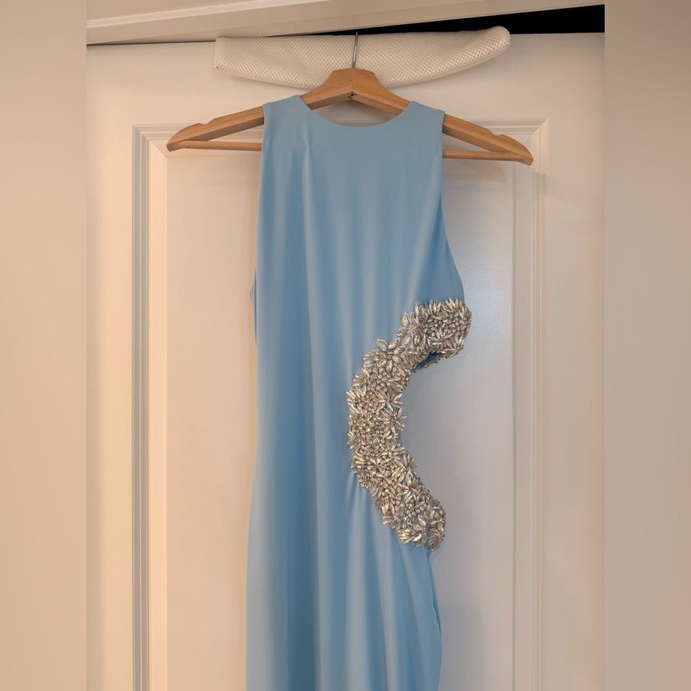 NWOT BRONX AND BANCO Camila Rhinestone Cutout Maxi Dress in powder blue - Picture 4 of 14